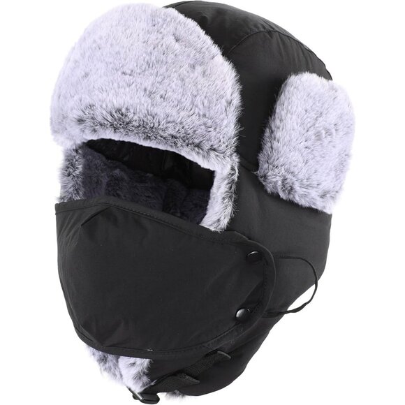 Men Black Faux Fur Trapper Hat with Face Mask Winter Trooper Hunting Hat